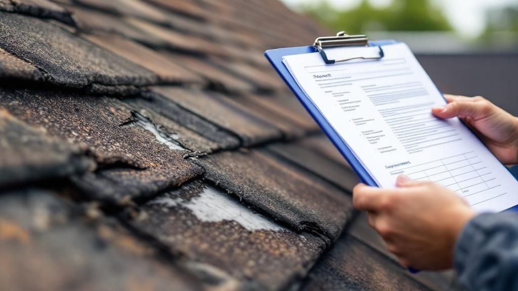 Roofing contractor writing a detailed inspection report on a clipboard