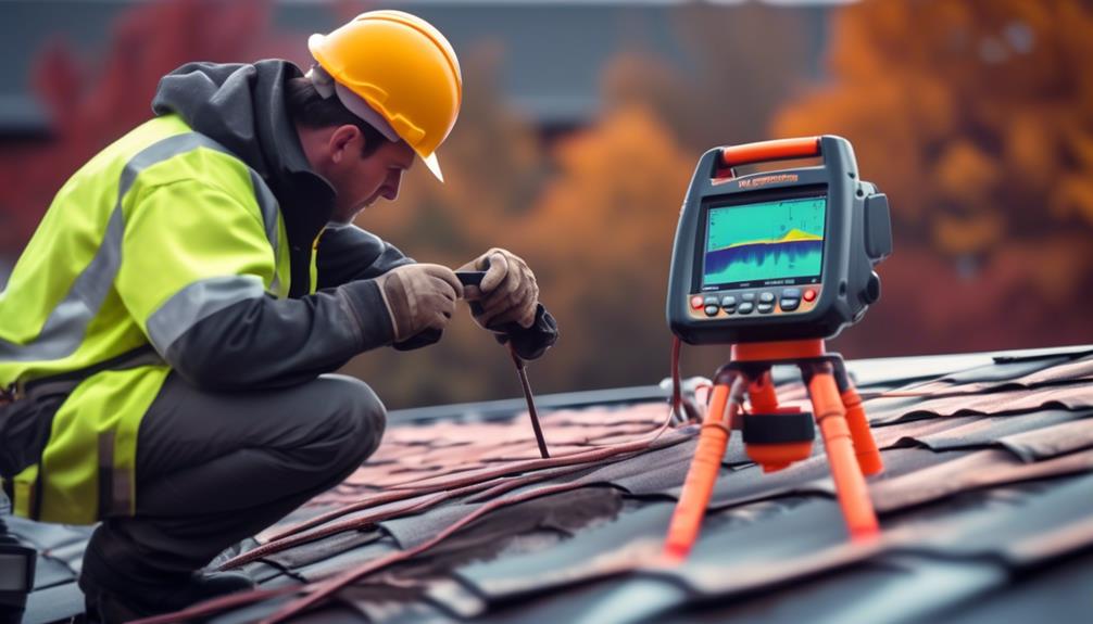 Roofing expert conducting a roof inspection using moisture detection tools