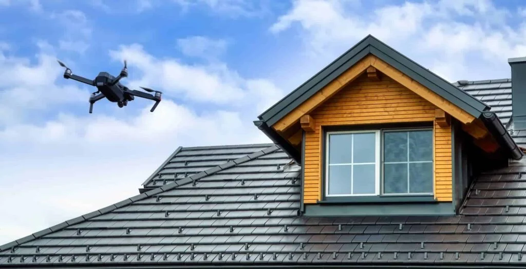 Professional roofer using a drone for a roof inspection on a two-story home
