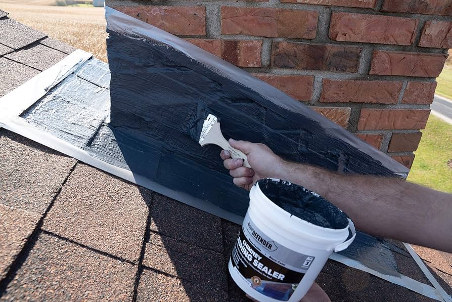 The Importance of Timely Roof Repair for Louisville Homeowners 2 Technician sealing roof flashing around a chimney base to prevent water intrusion